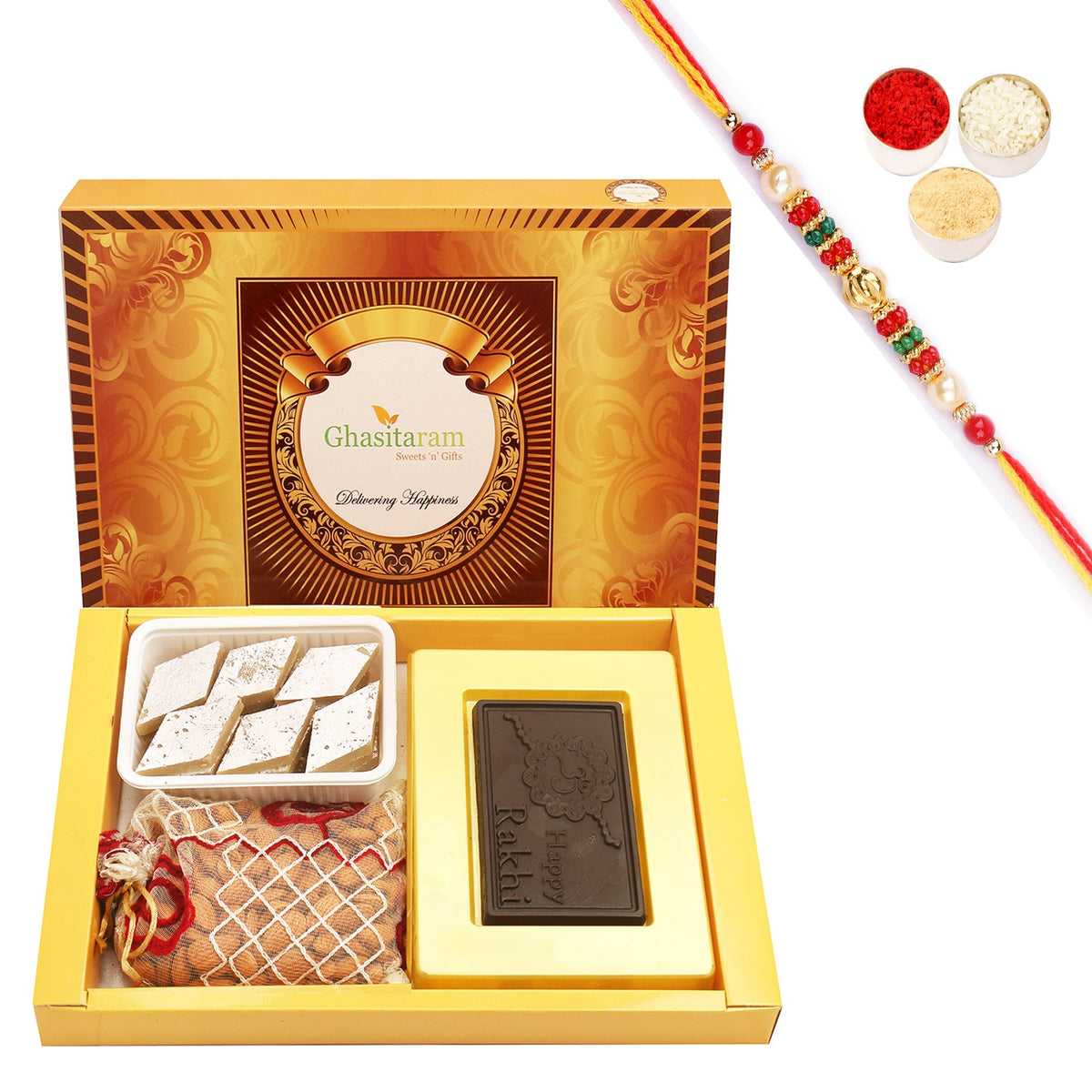 Image 1 of Combo for the product Ghasitaram Happy Rakhi Chocolate, Almonds and Kaju Katli With Pearl Beads Rakhi