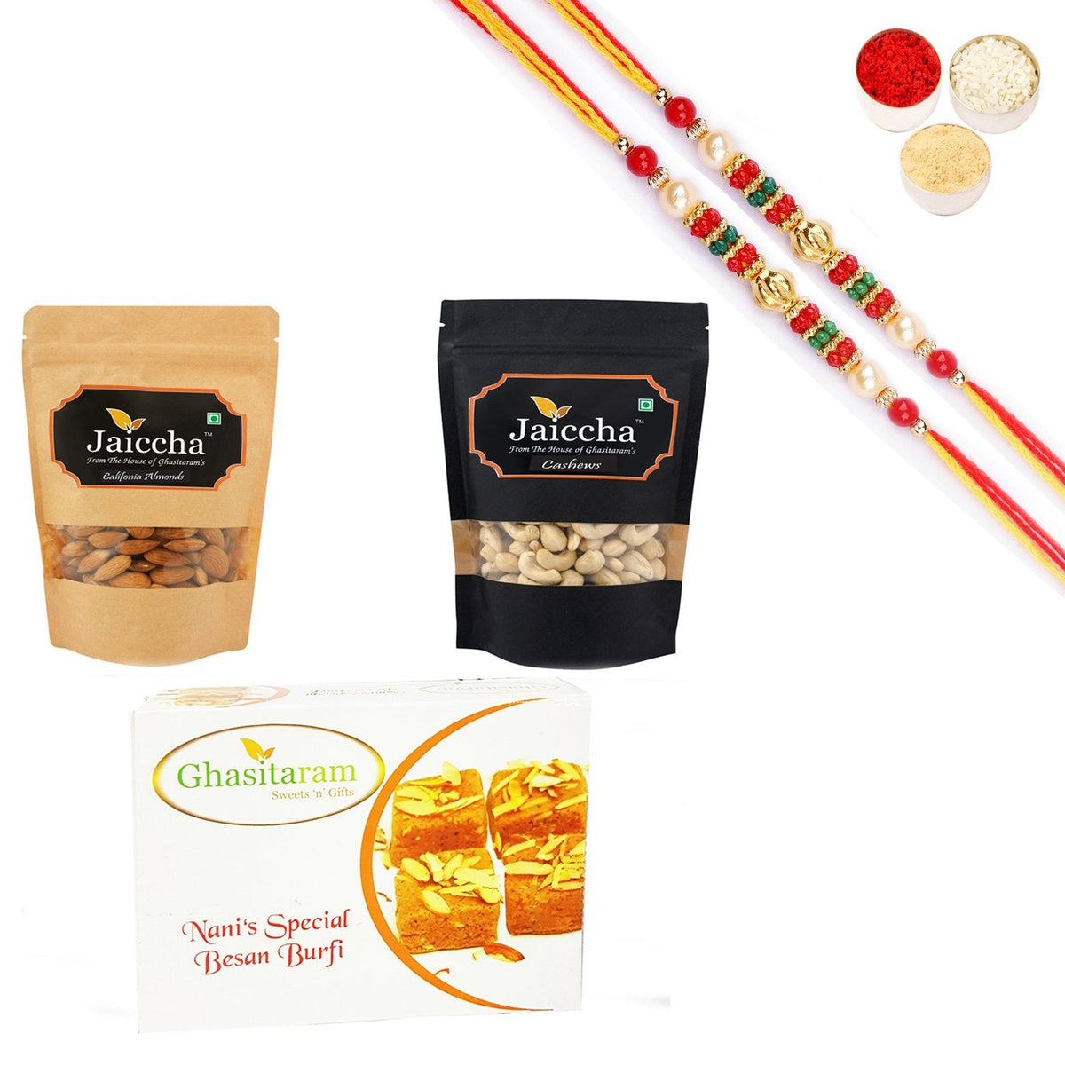 Image 1 of Combo for the product Ghasitaram Almonds,Cashews and Besan Barfi With Pearl Beads Rakhi