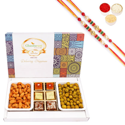 Image 1 of Combo for the product Ghasitaram Assorted Festive Box of Assorted Bites,Crunchy Cashews,Crunchy Peanuts With 2 Pearl Beads Rakhis