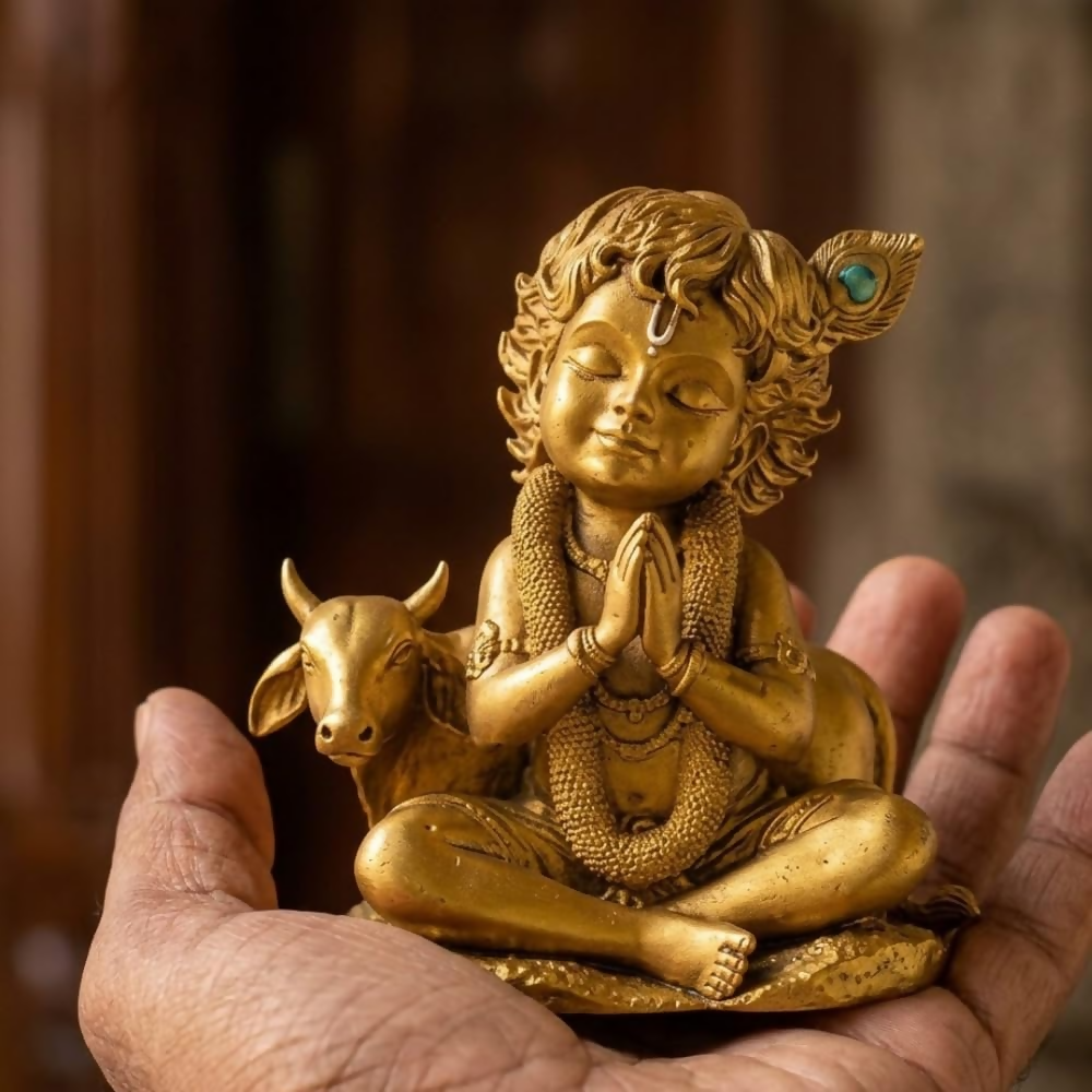 Image 3 of Krishna Laddu Gopal Murti with Cow - Golden Krishna