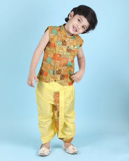 Image 5 of Joban Fashion Kids Island Cotton Sleeveless printed Kurta and Solid Dhoti - Yellow
