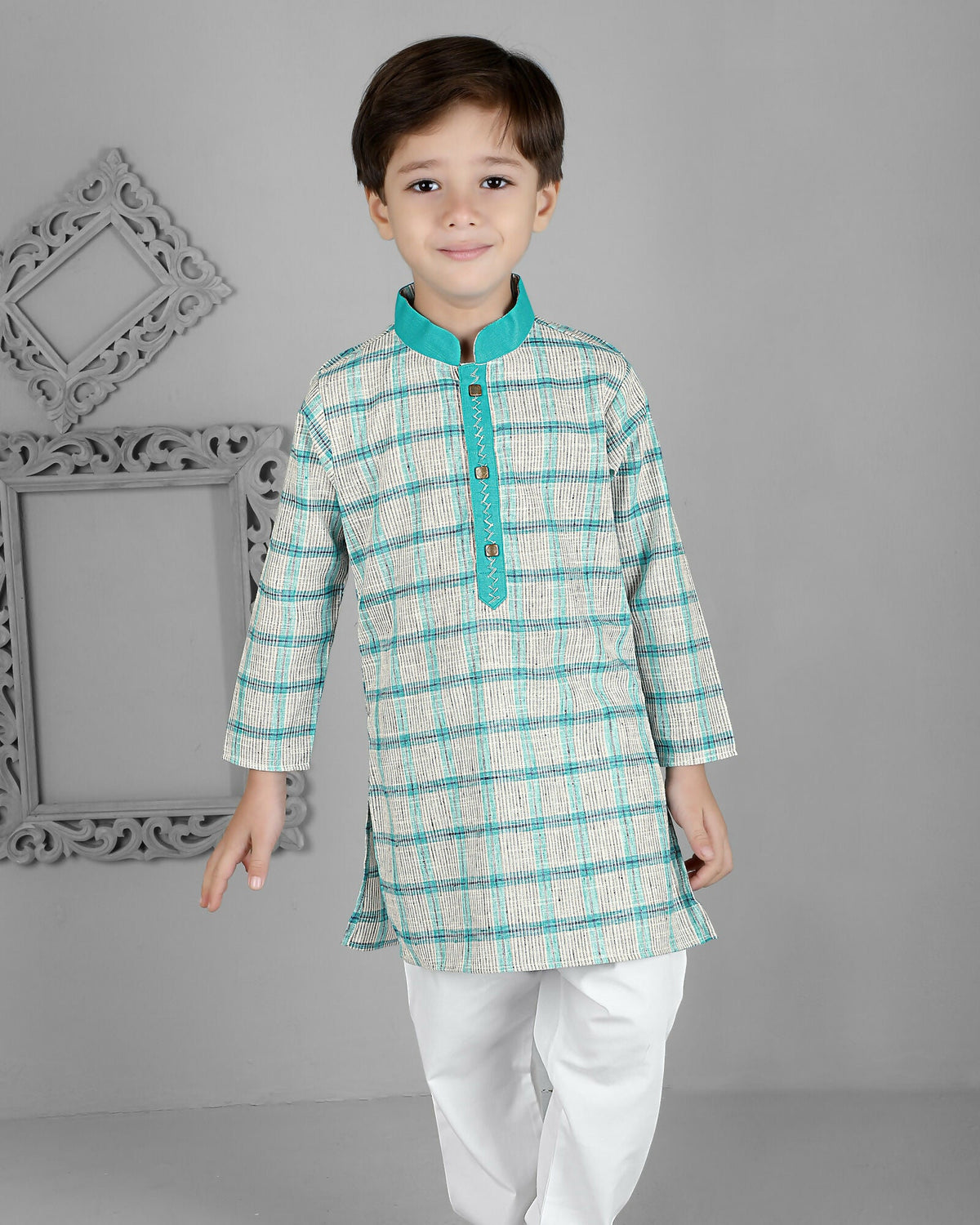Image 5 of Joban Fashion Kids Island Cotton Full Sleeves Striped Kurta and Pyjama- Teal Blue