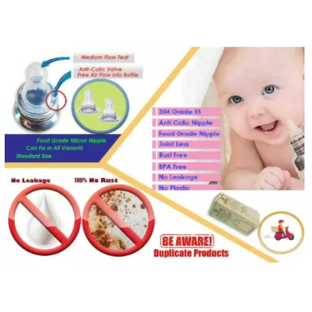Image 4 of Goodmunchkins Stainless Steel Feeding Rustfree Bottle with 2 Anti Colic Silicone Nipple For Kids 150 ml