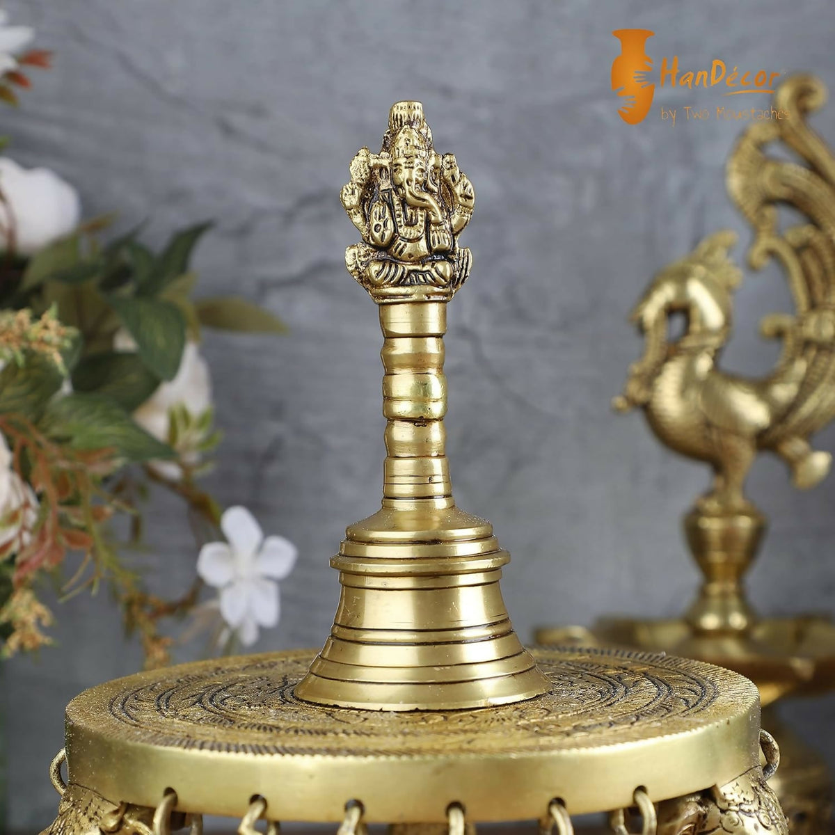 Image 2 of Two Moustaches 5-Inch Pure Brass Pooja Hand Bell Temple & Aarti Ghanti