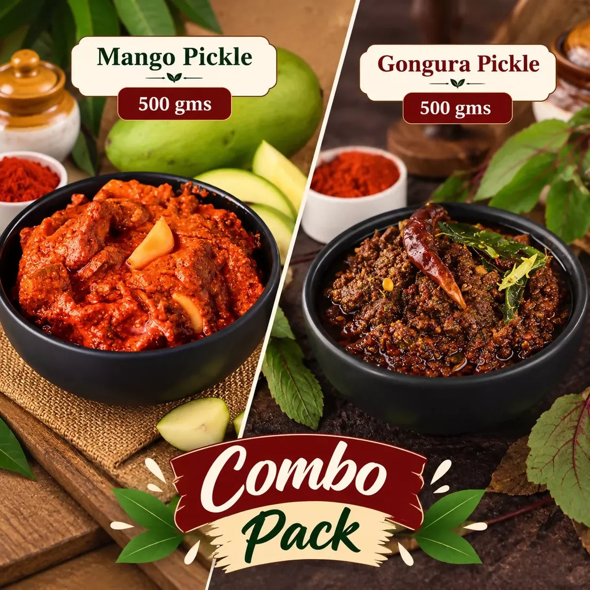 Image 2 of Tenali Ruchulu Pickles Combo: Mango Pickle + Gongura Pickle