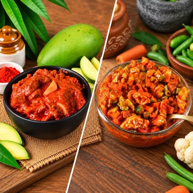 Image 1 of combo for the product Tenali Ruchulu Pickles Combo: Mango Pickle + Mixed Veg Pickle