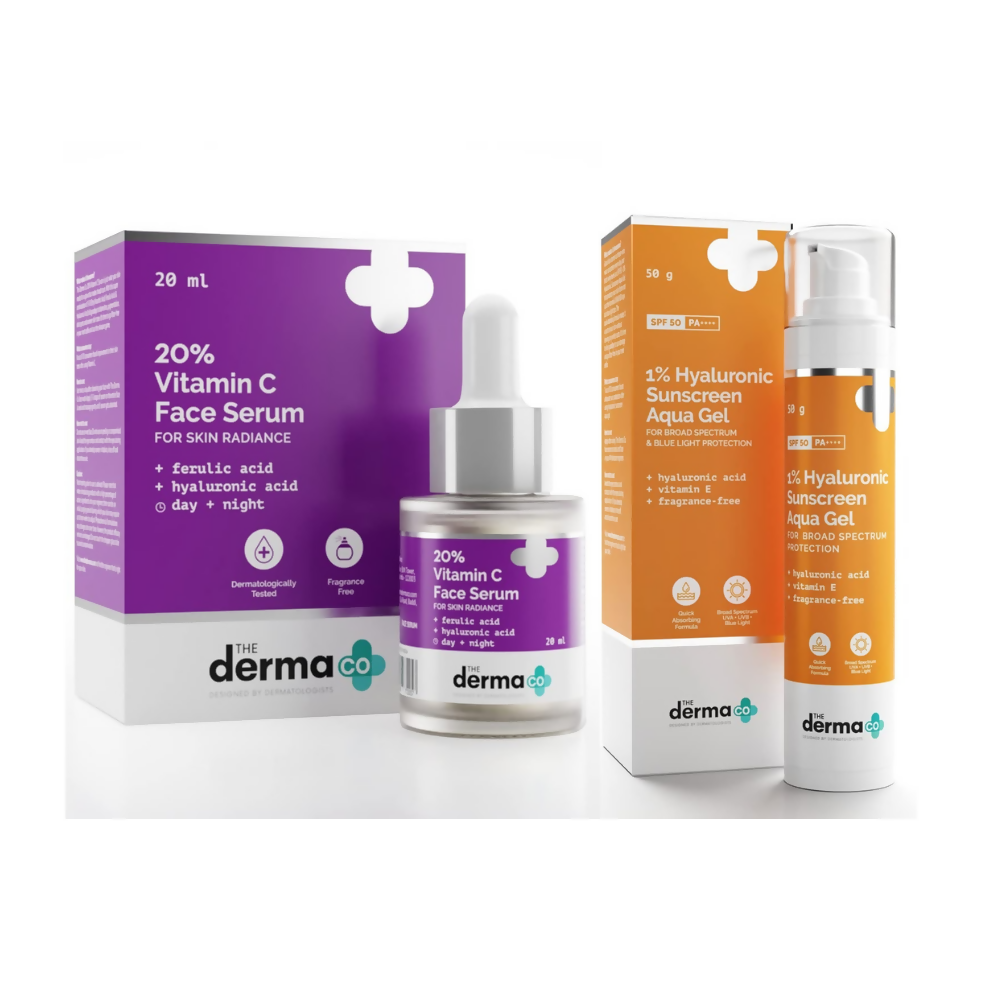 Image 1 of The Derma Co 20% Vitamin C Face Serum & 1% Hyaluronic Sunscreen Aqua Gel Combo