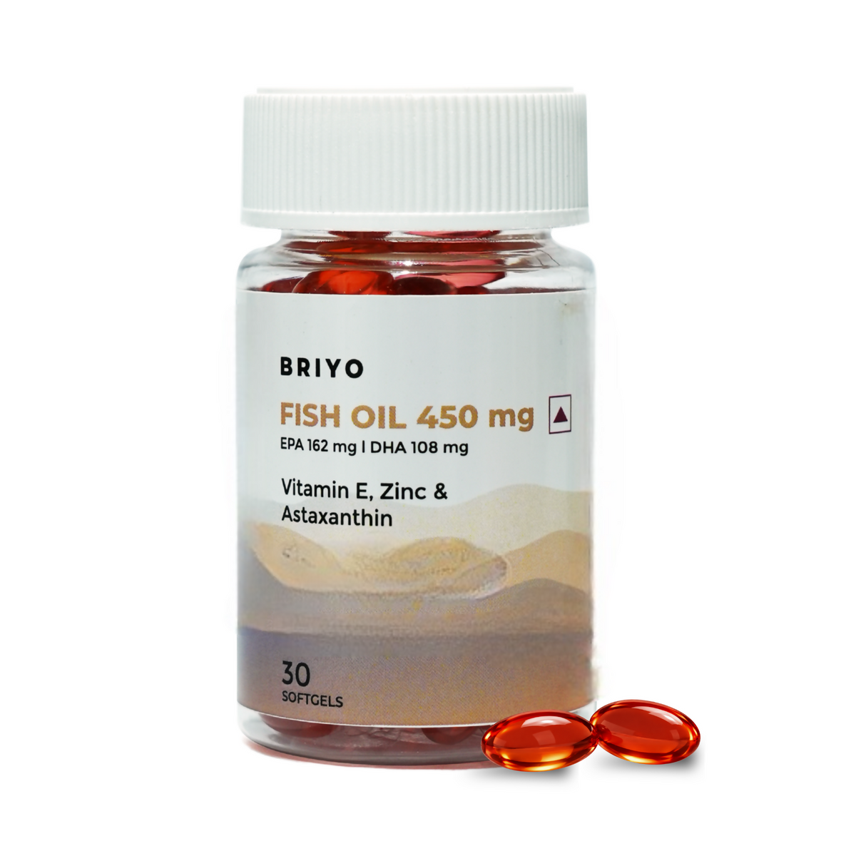 Image 1 of 30 caps for the product Briyo Fish Oil 71% Omega 3 with Vitamin E, Zinc mg & Astaxanthin Capsules