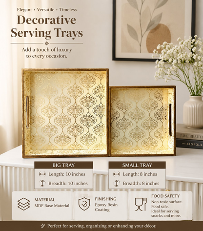 Image 4 of Sattvya Gifting Golden Printed Square Serving Trays - Set of 2