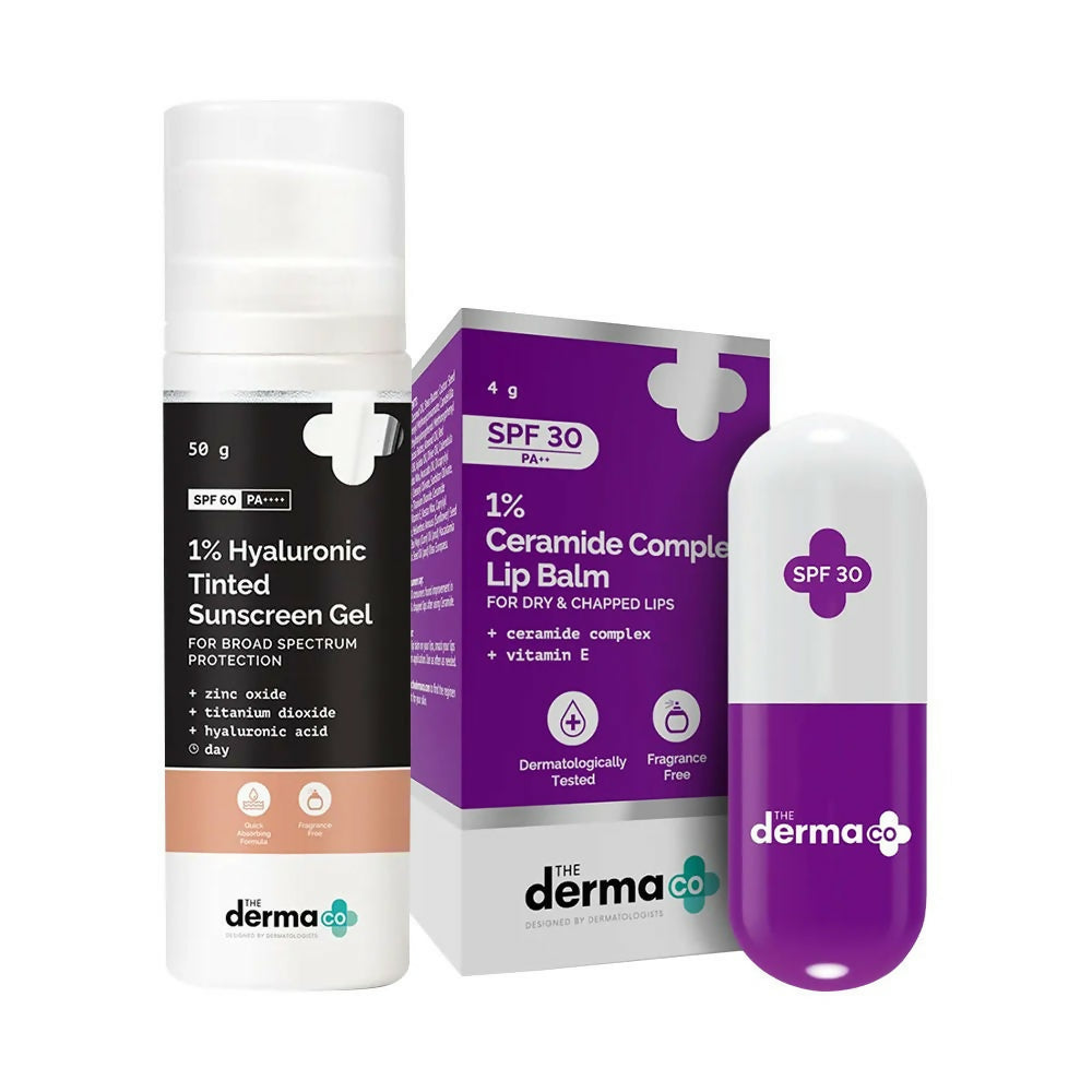 Image 1 of combo for the product The Derma Co SPF PA Summer Combo with Hyaluronic Tinted Sunscreen and Ceramide Lip balm