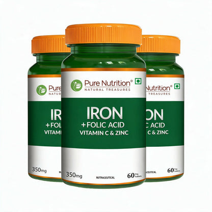 Image 1 of 60 tabs / Pack of 3 for the product Pure Nutrition Iron Folic Acid Supplement with Zinc, Vitamin C & Vitamin B12 for Men & Women