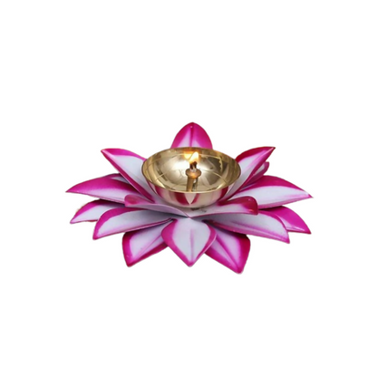 Image 1 of Default Title for the product CraftVatika Brass Lotus Diya Deepak Oil Lamp -White Pink