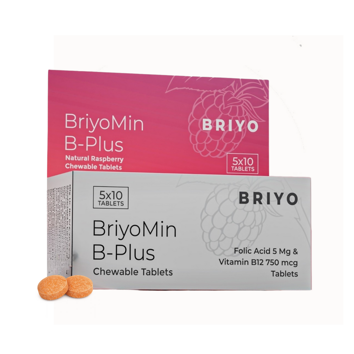 Image 1 of 50 tabs for the product Briyomin B Plus - Chewable B12 Tablets - Natural Raspberry Flavour