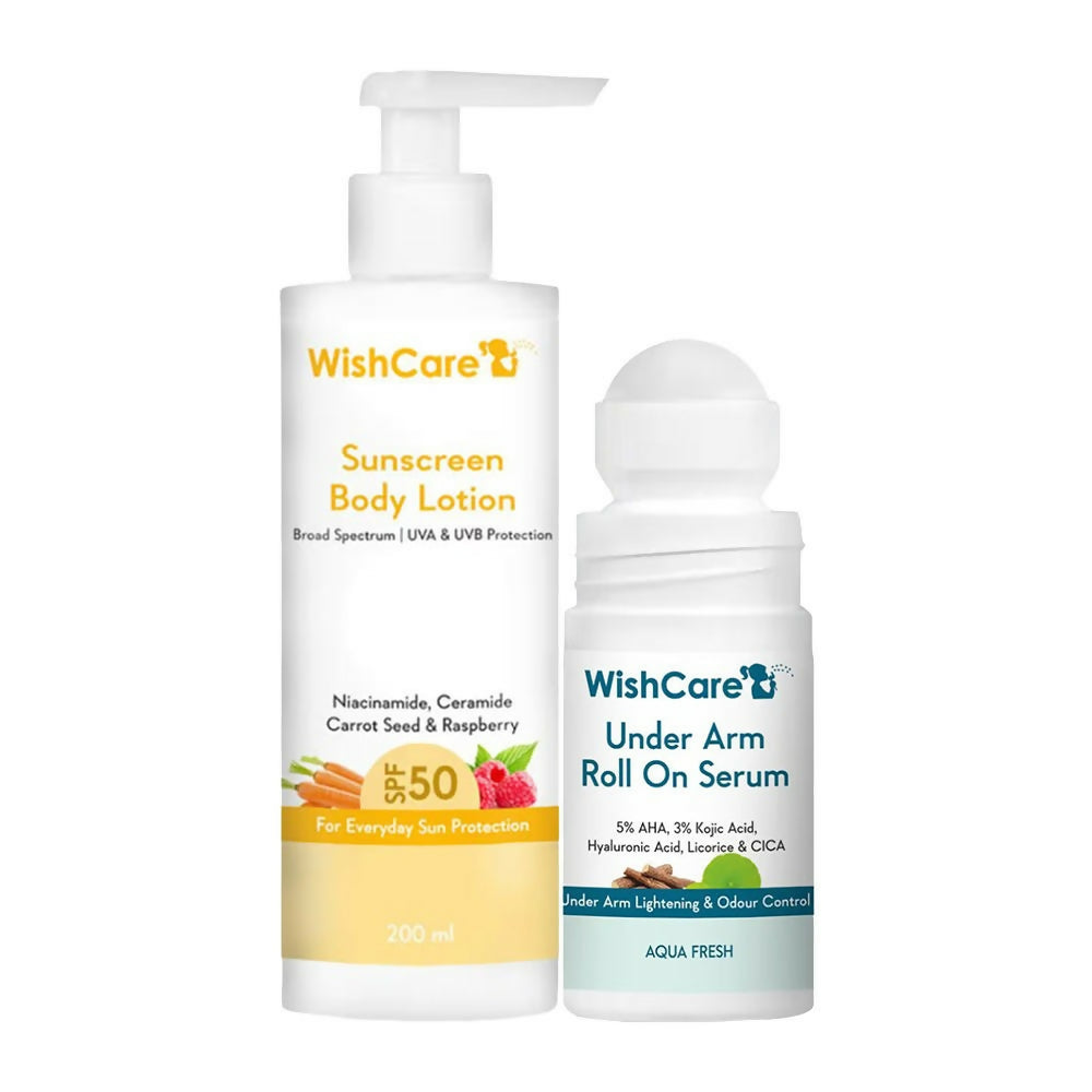Image 1 of combo / Pack of 1 for the product Wishcare Sunscreen Body Lotion SPF 50 + Aqua Fresh Under Arm Roll On Serum Combo