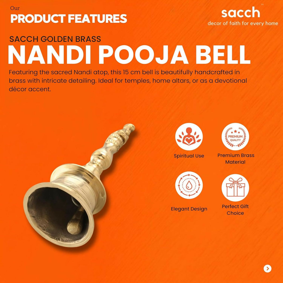 Image 5 of Sacch Brass Nandi Pooja Bell For Temple & Prayer Room (Bell)