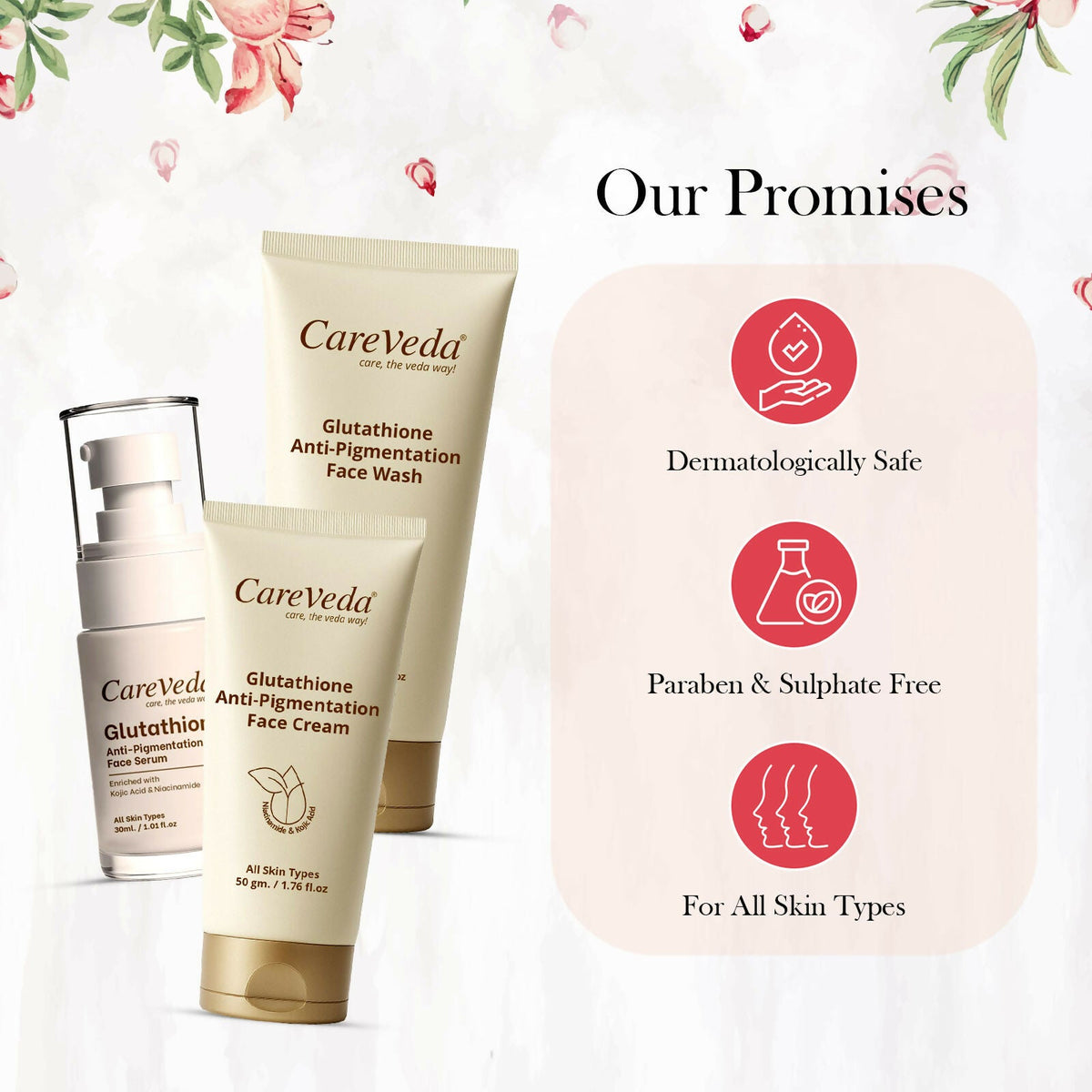 Image 6 of CareVeda Glutathione Skin Care Set of 3 | Face Cream & Face Wash, Face Serum for Bright, Even-Toned Skin | Anti-Pigmentation & Glow Boost | For Men & Women