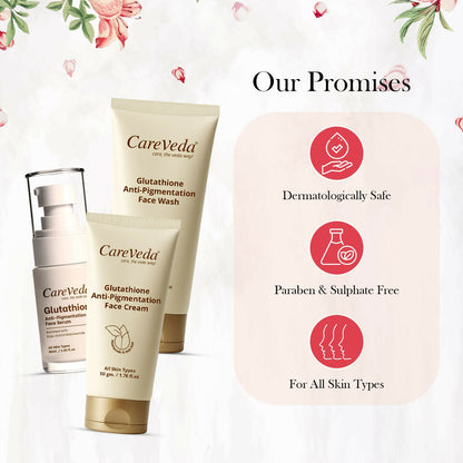 Image 6 of CareVeda Glutathione Skin Care Set of 3 | Face Cream & Face Wash, Face Serum for Bright, Even-Toned Skin | Anti-Pigmentation & Glow Boost | For Men & Women