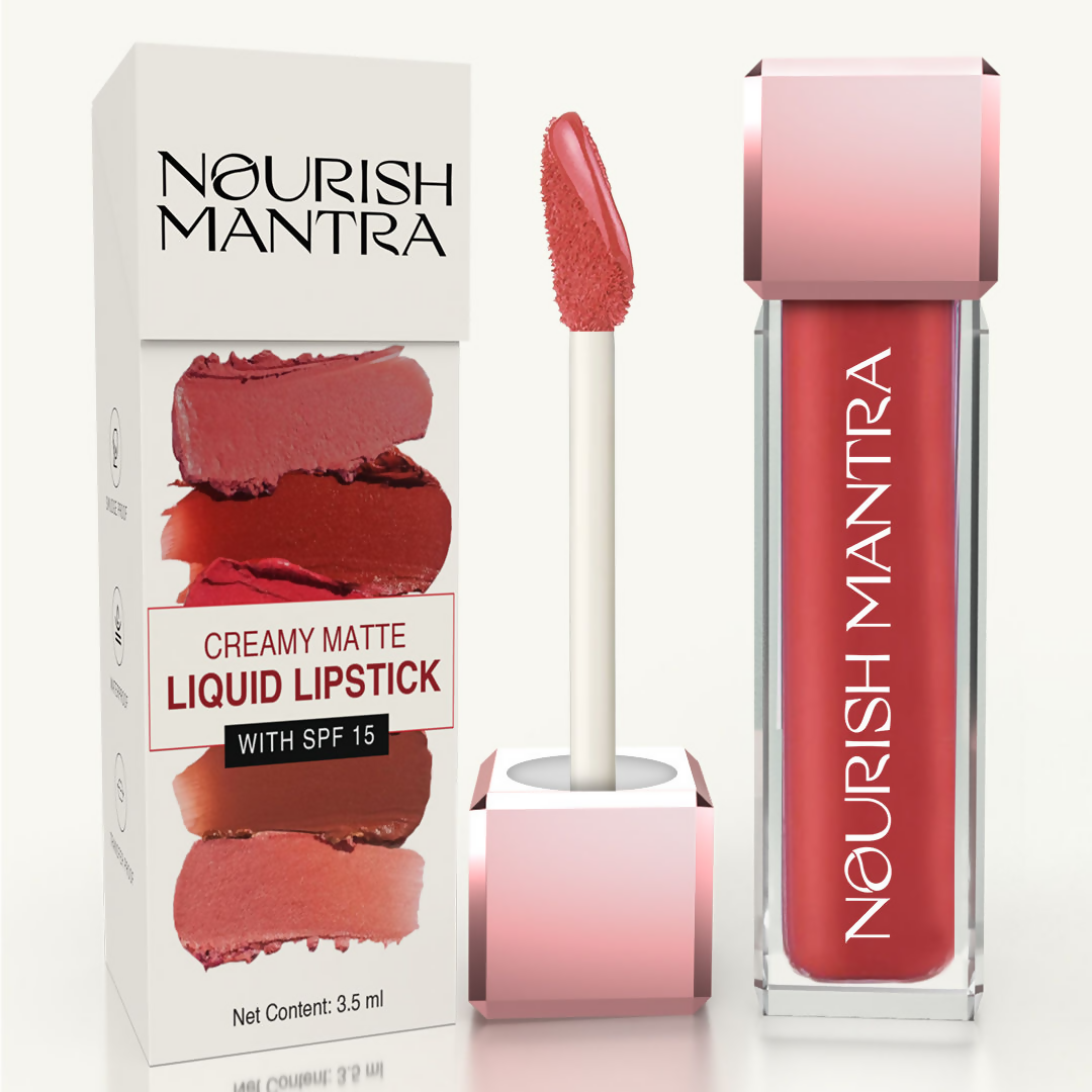 Image 3 of Nourish Mantra Liquid Lipstick Creamy Matte with SPF / Water Proof, Smudge Proof Shade- Khilkhilata Coral