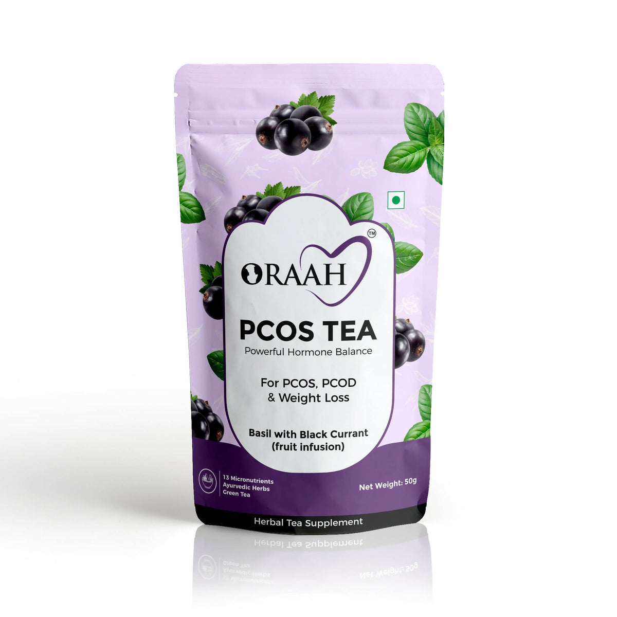 Image 1 of 50 gm / Pack of 1 for the product Oraah PCOS PCOD Basil with Black Currant Tea