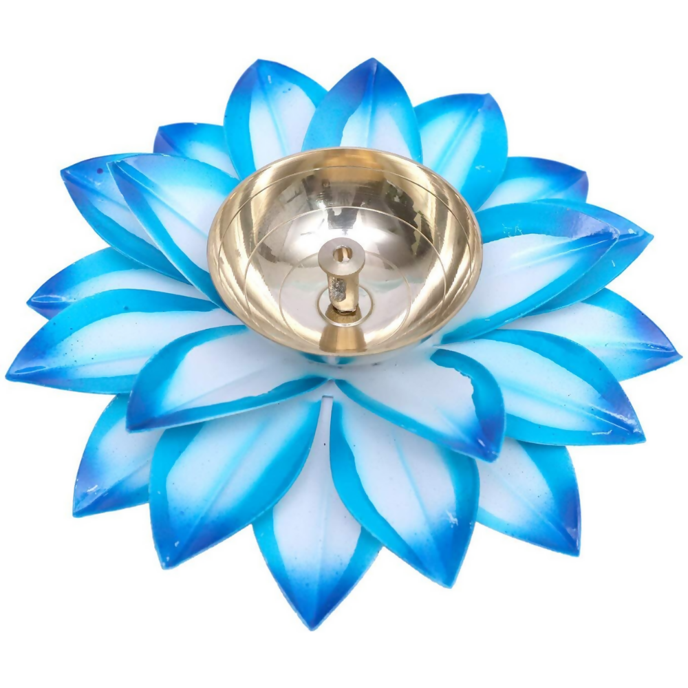 Image 4 of CraftVatika Brass Diya Oil Lamp Stand Lotus Kamal Patti Diyas - Sky Blue