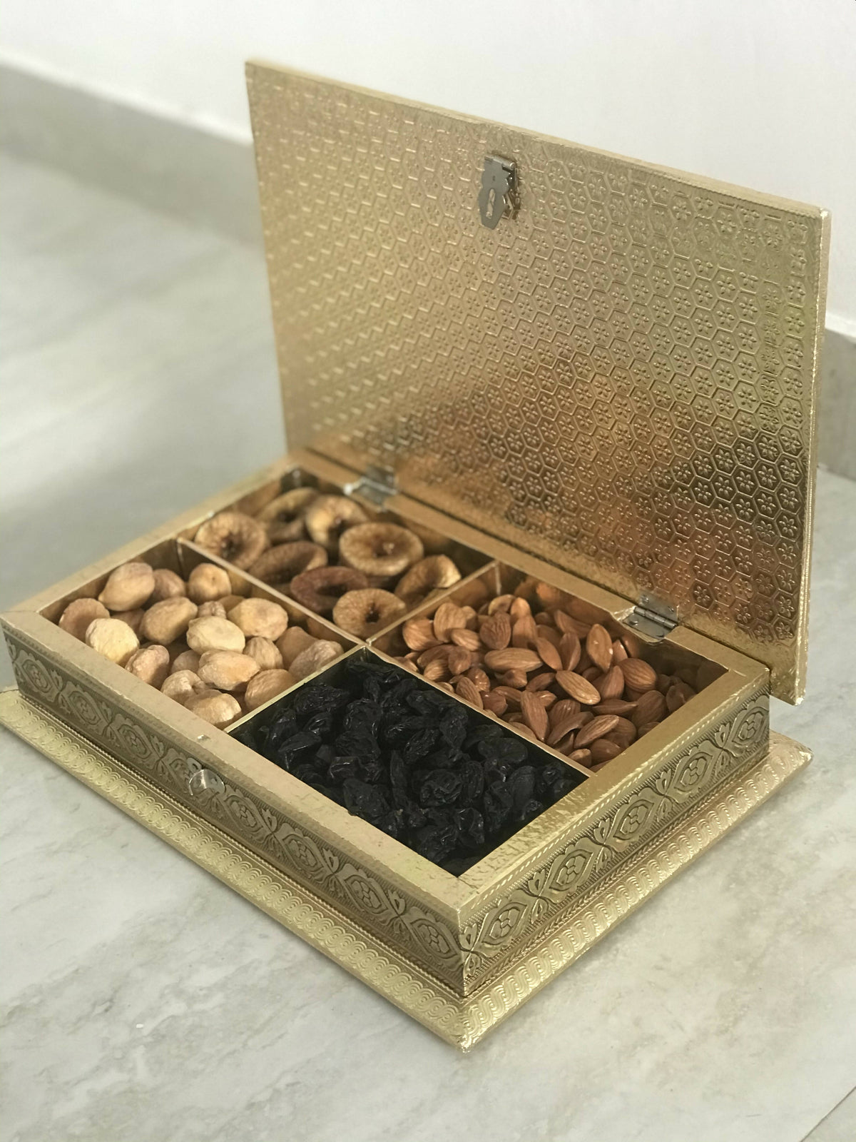 Image 6 of SK Mithaii | Assorted Rajasthani Elephant Design Dry Fruit Box | Almonds | Apricots | Figs | Black Resins |4 Partition