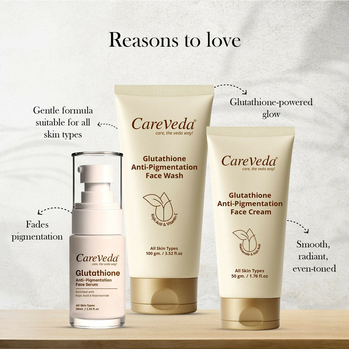 Image 4 of CareVeda Glutathione Skin Care Set of 3 | Face Cream & Face Wash, Face Serum for Bright, Even-Toned Skin | Anti-Pigmentation & Glow Boost | For Men & Women