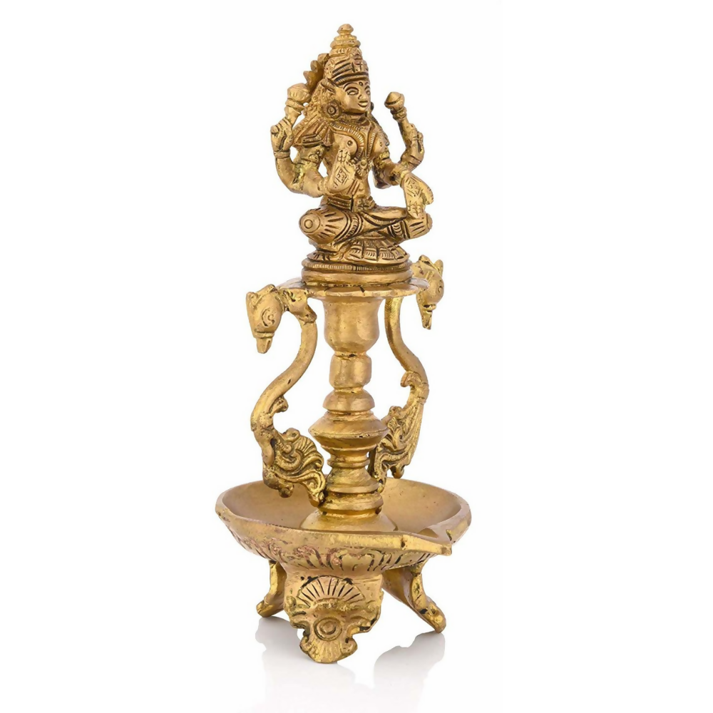 Image 3 of CraftVatika Brass Antique Laxmi Diya Oil Lamp Statue Lakshmi Peacock Puja Dia Table Diya Brass Table Diya