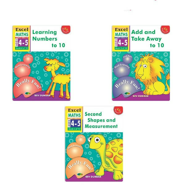 Image 1 of Default Title for the product Excel Maths Early Skills Ages 4-5 Year Books for Junior kg| Set of 3| Learn Numbers Add & Take Away, Shapes, Measurement