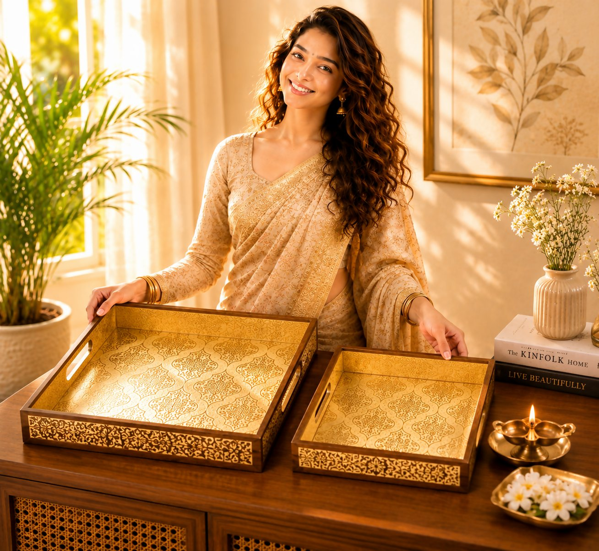 Image 3 of Sattvya Gifting Golden Printed Square Serving Trays - Set of 2
