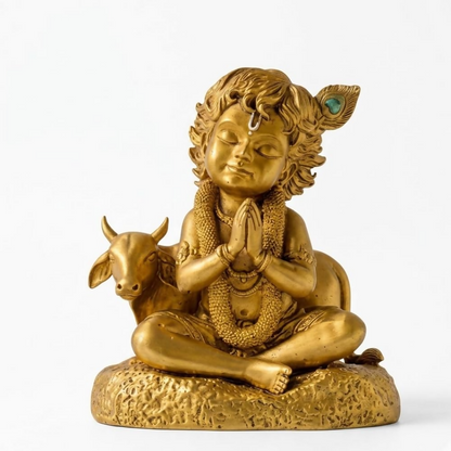 Image 1 of Default Title for the product Krishna Laddu Gopal Murti with Cow - Golden Krishna